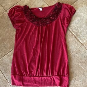 Agenda Red Blouse with Floral embellishment Neckline